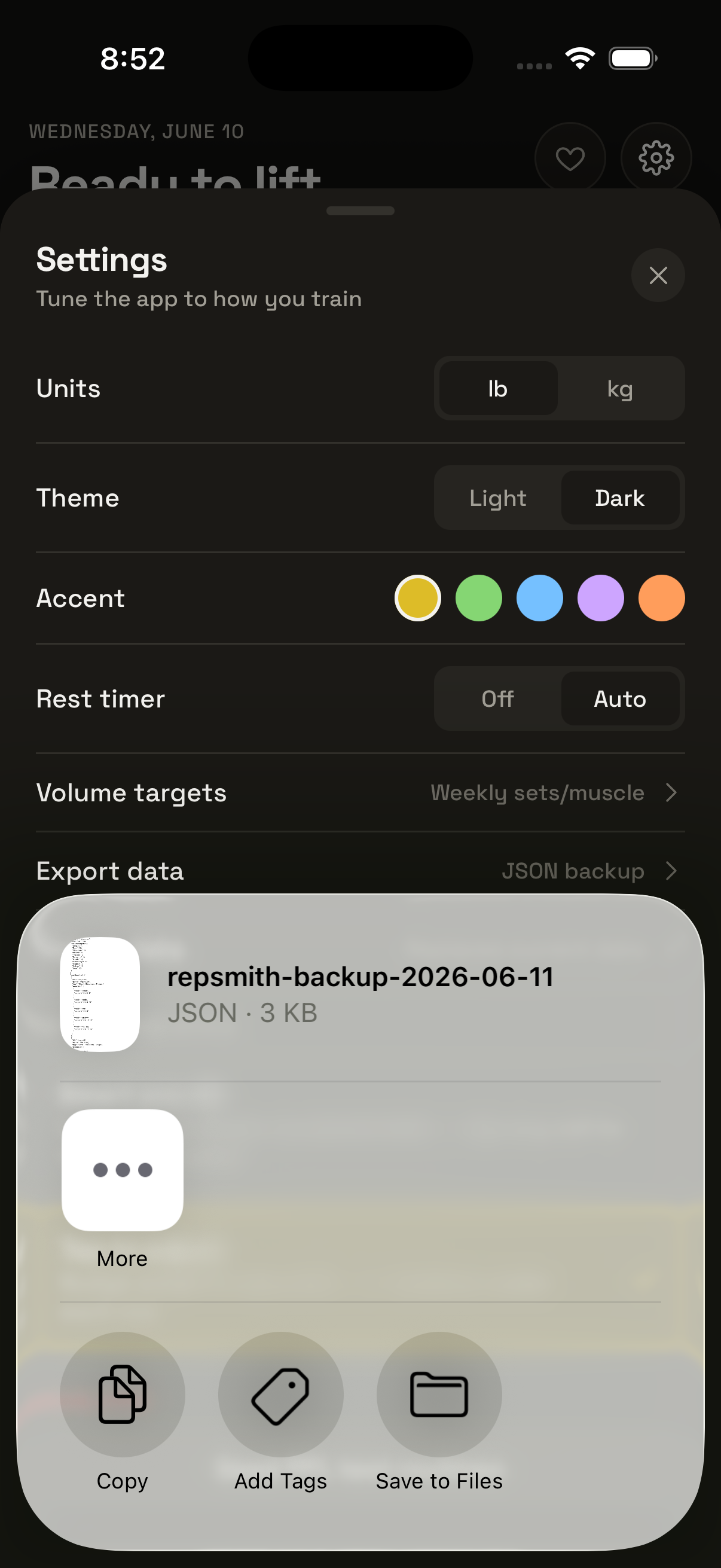 Repsmith export: a JSON backup file in the iOS share sheet